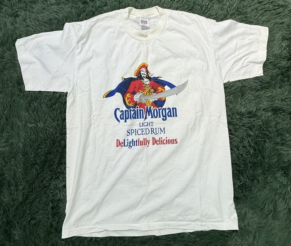 Vintage Anvil Captain Morgan Light Spiced Rum T-Shirt Men's Size L White Pirate
